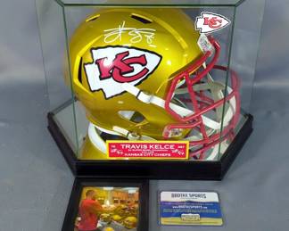 Travis Kelce Kansas City Chiefs Autographed Helmet, Radtke Sports COA Card And Sticker, In Display Case, Includes Framed Photo Of Travis Kelce Signing Helmet 