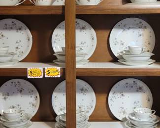 Noritake china, six-place setting, bowl with lid, planner, sugar and creamer, gravy boat. 