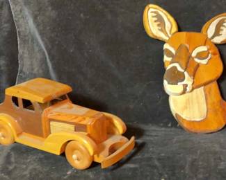 Vintage Handcrafted Wooden Toy Car Deer Face