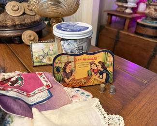 Vintage thimbles and handkerchiefs.