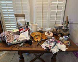 Vintage and antique bowls, vases, tea towels and handkerchiefs.