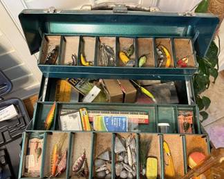 Antique and vintage fishing tackle box and lures
