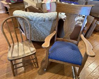 Antique Windsor back chair and oak rocking chair.