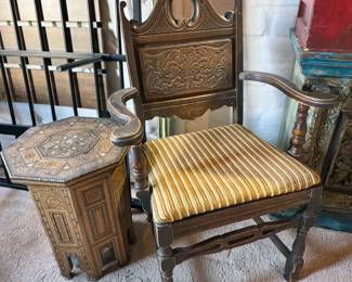 Antique wooden chair + inlaid tea table, possibly Moroccan