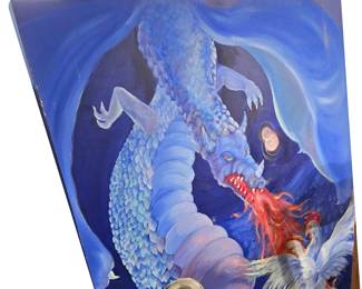 One of the many large-format paintings by the late homeowner; dragons, wolves, and fantasy genre! 