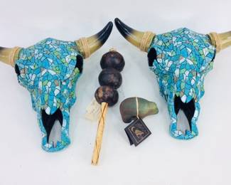  Mosaic Steer Skulls Wall Decor, Ceremonial Rattle & Raku Fetish Bear