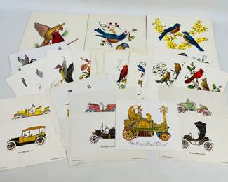 Collection of Prints: Evelyn Curro Circus Wagons, Edward Gross & Clarence Horning Vintage Cars & Turner MFG Co. Birds