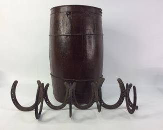 Wooden Barrel and Horseshoe Rack
