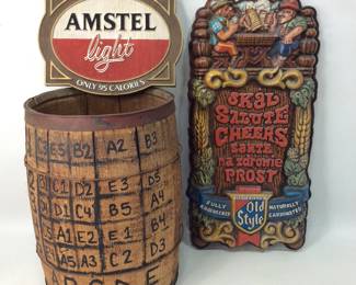 Vintage Heileman's Old Style Beer Sign, Amstel Sign & Wood Barrel