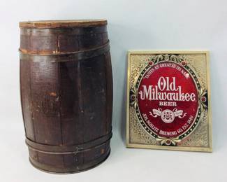 Vintage Old Milwaukee Beer Sign & Wood Barrel