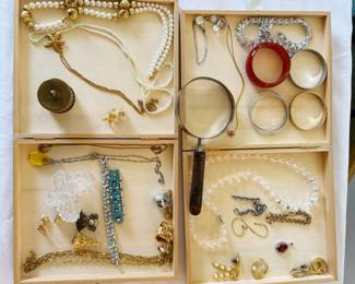 Jewelry: bracelets, necklaces, brooches, clip on earrings.