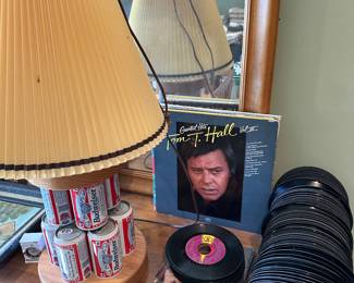 Cool Tramp Art Budweiser Can Lamp! A few albums and LOTS of 45s! 
