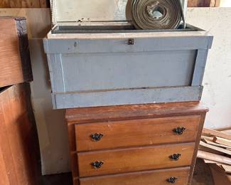 The blue antique chest is great! Two floating shelves inside! Below that a nice old dresser! This is a project piece!