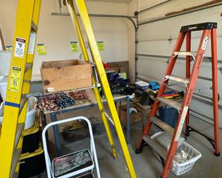 Here are two EXCELLENT Fiberglass Ladders! The yellow is an 8 ft. Werner, the red is a 6ft Husky! Also a nice little step stool! 
