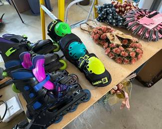 Roller blades, and knee/elbow pads! Wreaths and a very nice work bench! 