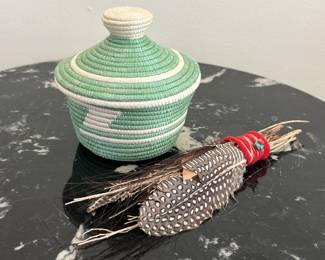Lot 16 | African Woven Basket w Lid, Feather Smudge

