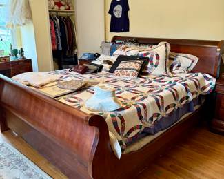 Beautiful king sleigh bed, and two matching nightstands