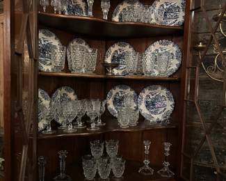 Antique Corner Cabinet, Crystal and Blue and White China