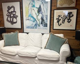 IKEA Slip Cover Sofa, Artwork, Table, Chair, Bowl