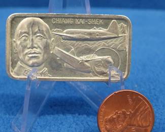 Lot 89. Chag Kai-Shek commemorative sterling silver ingot weighing 44 grams
