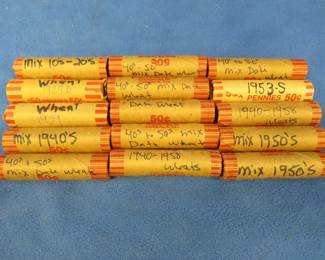Lot 91. 15 rolls of Lincoln Wheat pennies. Dates as pictured. 750 total pennies.