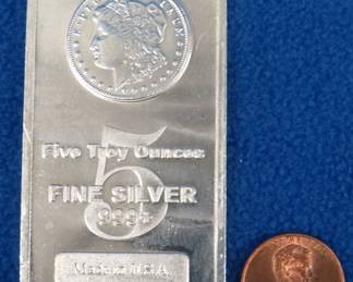 Lot 9. Five troy ounce bar of .999 silver