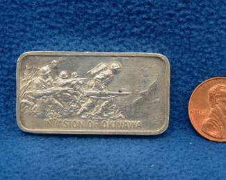 Lot 203. WW2 Invasion of Okinawa commemorative ingot. 44.24 grams of sterling silver.