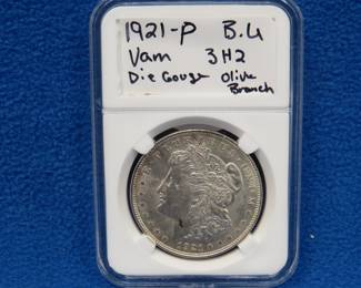 Lot 276. 1921 D Morgan BU silver dollar with a VAM (Van Allen & Mallis) error as noted