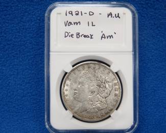 Lot 272. 1921 D Morgan AU silver dollar with a VAM (Van Allen & Mallis) error as noted
