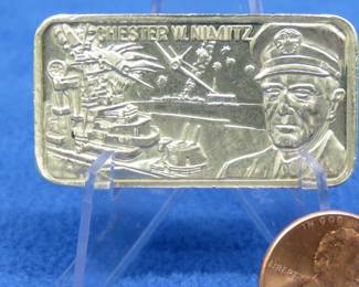 Lot 217. Chester W Nimitz Commemorative Sterling Silver ingot 46 grams
