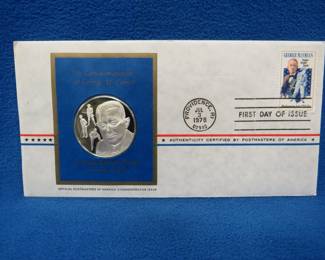 Lot 392. 1978 First Day of Issue cachet with a sterling silver proof medallion weighing approx. 25 grams.