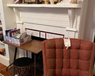 Vintage slipper chair, Books of stickers, assorted small tables and plant stands