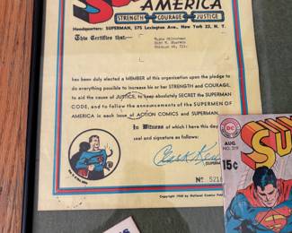 Original Framed Superman Comic #219 collection includes  Supermen of America Club pin + ephemera 