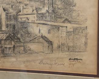Original Signed Graphite Cityscape Barney Moore 1978