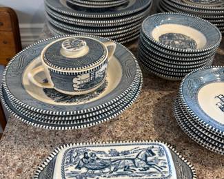 Assorted vintage Currier + Ives Dishes