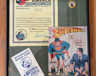 Original Framed Superman Comic #219 collection includes  Supermen of America Club pin + ephemera 