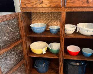Punched Tin Pie Cabinet with Pyrex nesting bowls. 