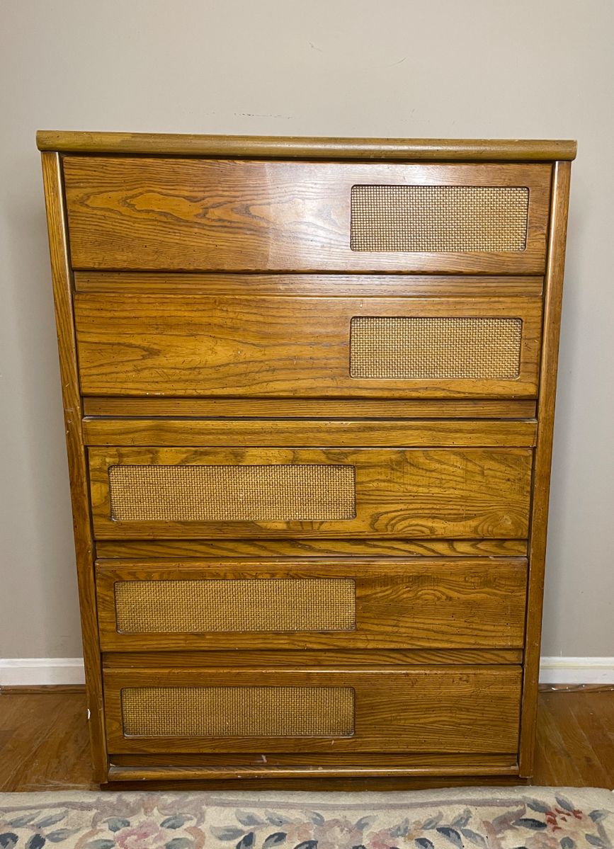 Vintage wood & rattan 5 drawer dresser