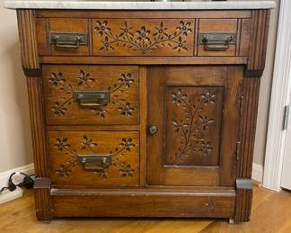 Carved wood washstand with marble top antique