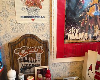 Vintage Chicago Bulls posters and magazines. Cheers dart board.