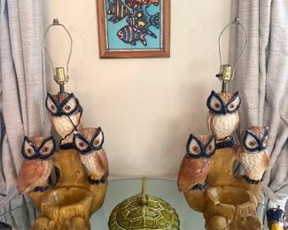 MCM vintage chalk ware owl table lamps/ashtray, vintage turtle soup tureen 