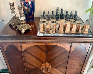 Marble chess set and brass crystal candleholder