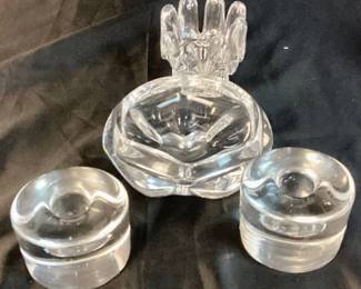 Orrefors Sweden Crystal Heavy Glass Shallow Bowl - signed, Orrefors Signed Round Lead Crystal Candlestick Holders and Vintage Kosta Boda Clear Glass Candle Holder