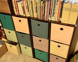 Crocheting and knitting books and magazines, yarn cubbies