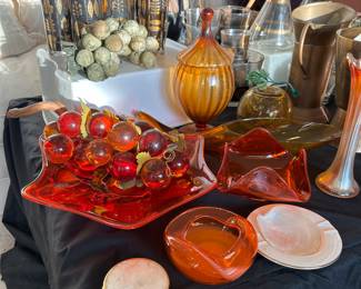 Vintage MCM Mid Century Orange, Persimmon, Lucite Grape Cluster, Viking Glass, Ashtrays, Gold Leaf Barware and more