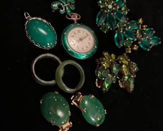 Estate Jewelry: Guilloche Enamel Clock Pendant, Green, Emerald, Peridot Brooches and Earrings.
