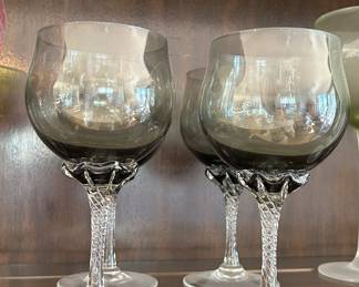 1970s Vintage Sasaki Coronation Crystal Smoke Twisted Stem Wine Glasses