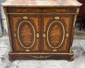  French Inlaid Marble Top Bronze Ormolu Chest
