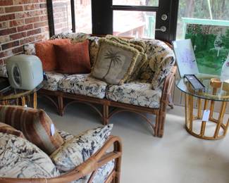 2 RATTEN SOFAS AND TWO RATTAN END TABLES