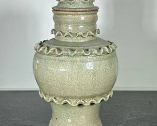 LIDDED CERAMIC URN | Cracked glaze ceramic urn. -  h. 16 x dia. 9 in
